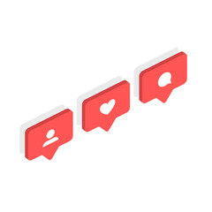 Social network rating icons isometric thumbs up icon, heart symbol, New follower set. Flat design. Vector social media Illustration icon.
