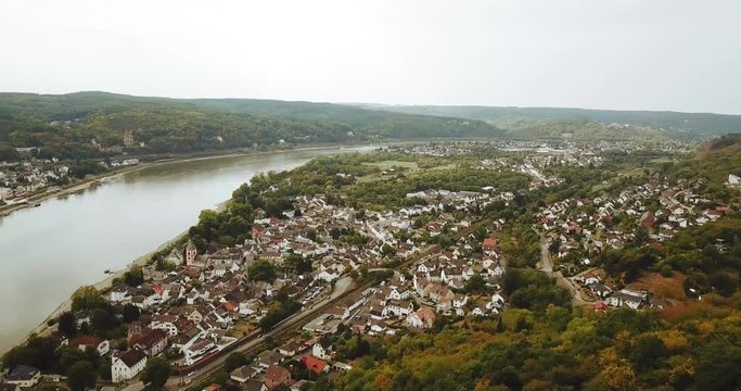 Aerial panorama of Rhine river and city of Remagen