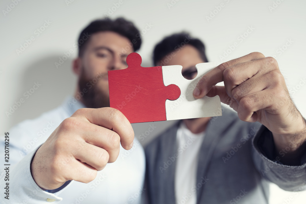 Poster teamwork of partners. concept of integration and startup with puzzle pieces