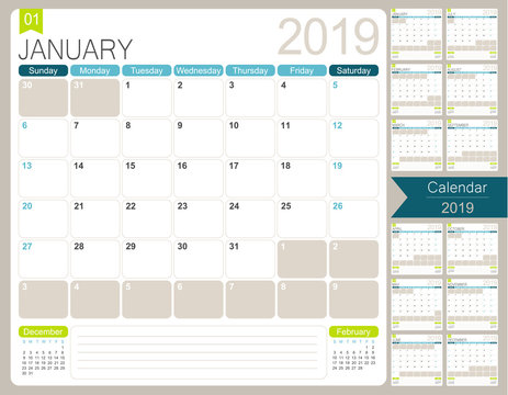 English calendar 2019 / English calendar planner for year 2019, week starts on Sunday, set of 12 months January - December, simple calendar template, desk planning calendar, vector illustration