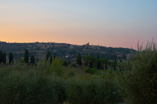Sunset views over looking Sinalunga near Pienza, Italy