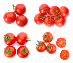 Set with delicious ripe tomatoes on white background