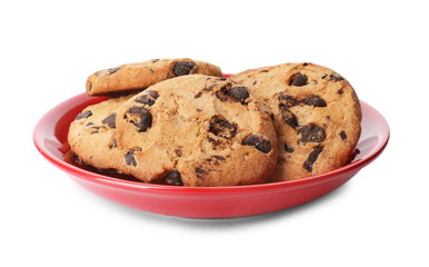 Plate with chocolate chip cookies on white background