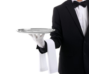 Waiter holding metal tray on white background - Powered by Adobe