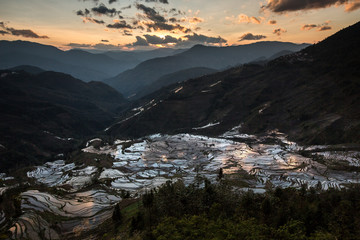 Fototapeta na wymiar Irrigated Rice Terrace Fields in Yuanyang County - Yunnan Province, China. Water filled terraces, reflecting the blue sky color. Small farming huts, Laohuzui (Tiger Mouth) scenic area sunset
