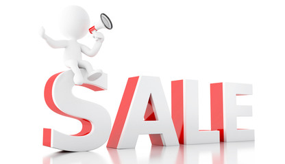 3d White people sale announcement with megaphone.
