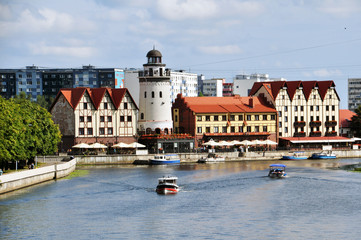 Russia, Kaliningrad. View of the sights of the Cathedral and the fishing village. Autumn 2018.