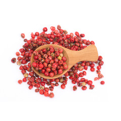 pink peppercorns isolated on white background, dried berries of Peruvian pepper tree