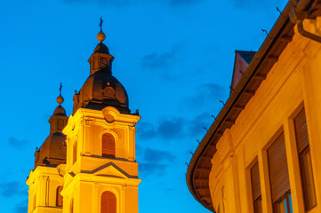 Historic church on at night in Nyiregyhaza, Hungary