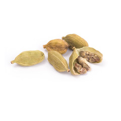 Green Cardamom, cardamon or cardamum  isolated on white background (dried fruits of Elettaria cardamomum)
