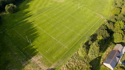 Aerial drone view of a Rugby Union sports pitch marked out before a match