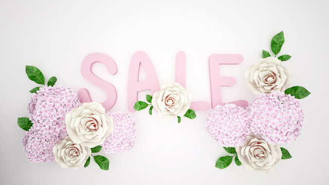Pink sale with pink flower for artwork background. Artwork add sale message decoration pink hydrangea and white rose. 3D Illustration.