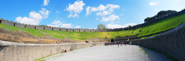 Panorama of the Amphitheatre in the once buried Roman city of Pompeii south of Naples under the shadow of Mount Vesuvius
