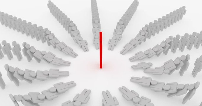 humans standing one by one in circle shape knocked down by the growing boss, 3d rendering