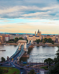 The Sz&eacute;chenyi Chain Bridge during sunset from the Budapest castle in Hungary