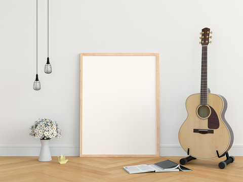 Blank photo frame for mockup on the floor, 3D rendering