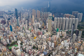 Aerial view of Hong Kong district with thunderstorm
