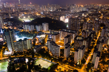 Naklejka na ściany i meble Top view of Hong Kong residential downtown at night