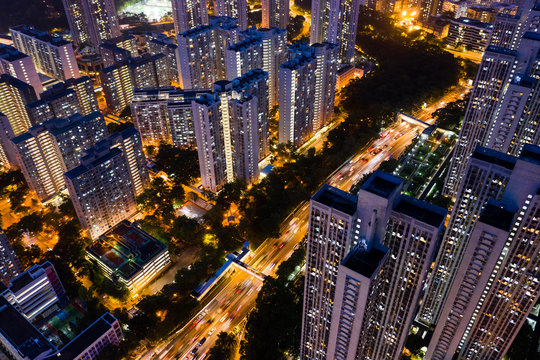 Top View Of Hong Kong Residential District At Night