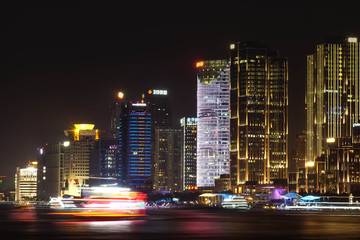 Night panorama of beautiful Shanghai city with bright lights, China