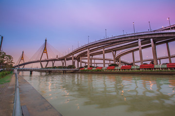 Fototapeta na wymiar Bhumibol Bridge in Thailand, also known as the Industrial Ring Road Bridge, in Thailand. The bridge crosses the Chao Phraya River twice.