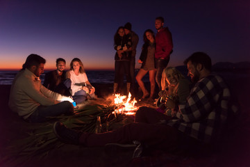 Friends having fun at beach on autumn day
