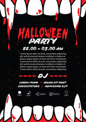 Halloween party  A4 poster with dracula fang on black background ilustration vector. Halloween concept.