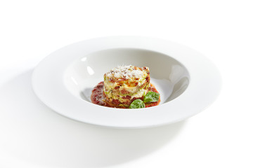 Lasagna with Tomato Sauce Isolated on White Background