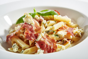 Italian Penne Pasta with Bacon and Blue Cheese Close Up