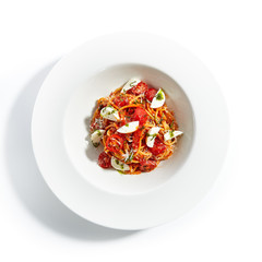 Spaghetti with Milk Mozzarella and Tomato Sauce Top View