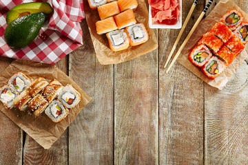 Various Sushi Set Background, Frame or Mockup Top View