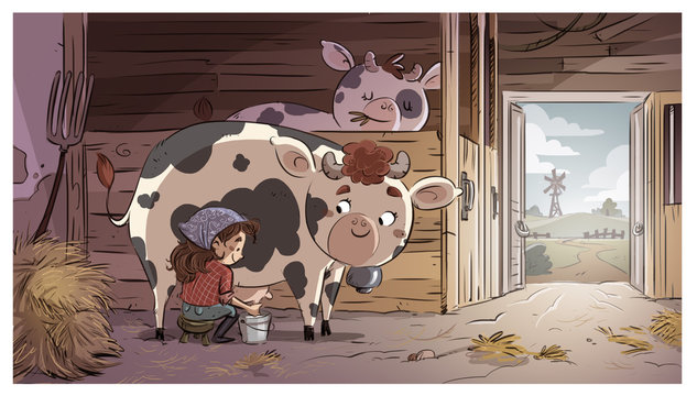 niña ordeñandoa una vaca
