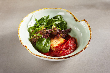 Fried Cheese, Sweet Pepper, Green Leaves of Lettuce and Arugula in Tomato Sauce