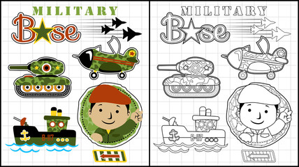 Vector illustration of coloring book or page with military vehicle cartoon with funny soldier