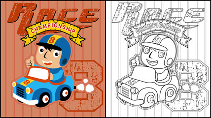 Vector illustration of coloring book or page with little racer cartoon on race car