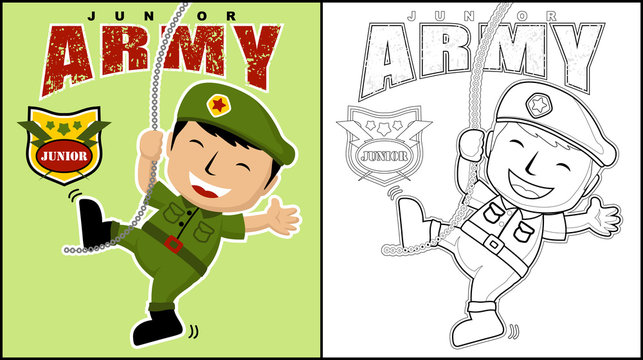 Vector illustration of coloring book or page with happy soldier