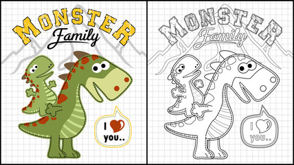 Vector illustration of coloring book or page with monster family cartoon