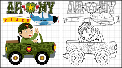 Vector illustration of coloring book or page with soldier cartoon