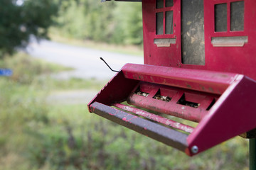 Closeup red birdhouse feeder, nobody.