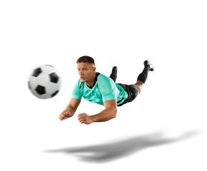 soccer player jumping for a header the isolated on white