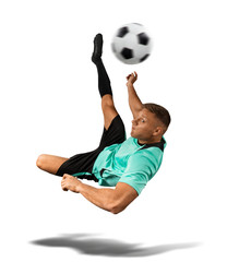 soccer player kicking the ball in the isolated on white