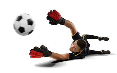 goakeeper reaching for the ball isolated on white