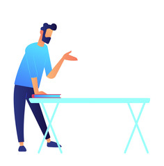 Manager standing at table, pointing with hand and speaking in office vector illustration