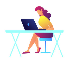 Fototapeta na wymiar Female programmer working on laptop at her office desk vector illustration
