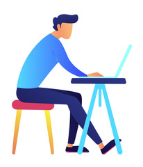 Male programmer working on laptop at office desk vector illustration