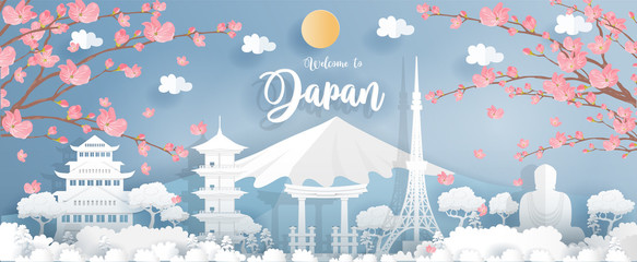 Panorama travel postcard, poster, tour advertising of world famous landmarks of Japan, autumn season in paper cut style. Vector illustration.