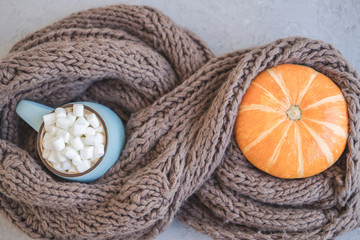 Autumn background with warm knitted scarf, blue mug with coffee, hot chocolate, cocoa, marshmallow, pumpkin. Concept of warm cozy autumn.