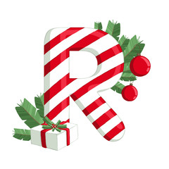 Christmas alphabet. Illustration of letter R with tree, gift and decorations. use for postcards, wallpapers, textiles, scrapbooking, decoration, invitations, background, holiday.