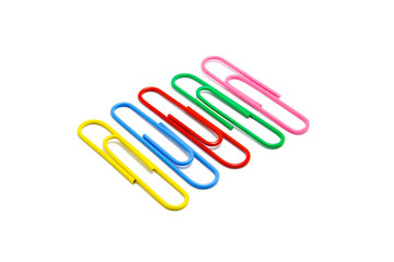 Collection of colorful paper clips close-up isolated on a white background, with clipping path
