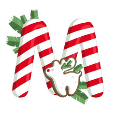 Christmas alphabet. Illustration of letter M with tree, cookies and decorations. use for postcards, wallpapers, textiles, scrapbooking, decoration, invitations, background, holiday.